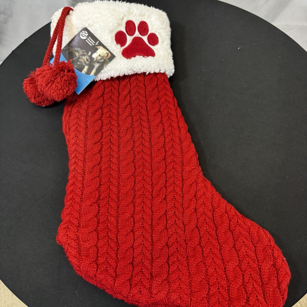 The Humane Society Red& White Paw Print Cable Knit Christmas Stocking 18" NWT‎
